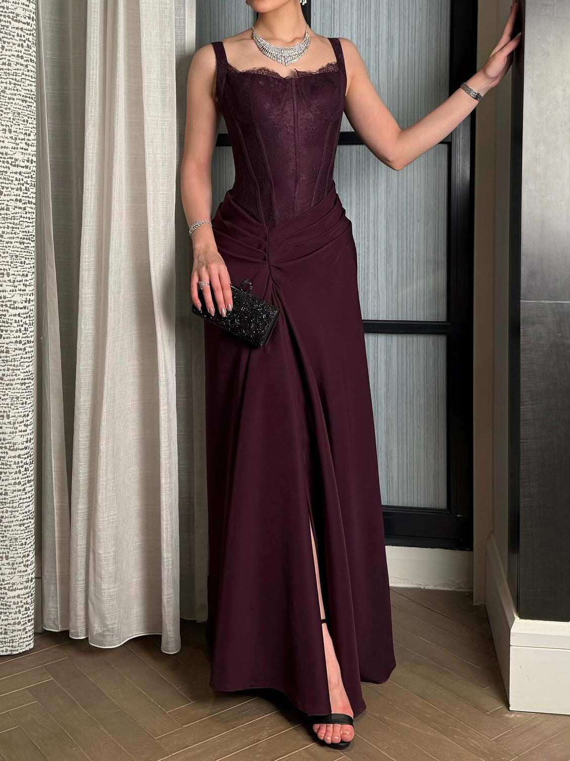 Burgundy Lace-Top Evening Gown With Side Slit