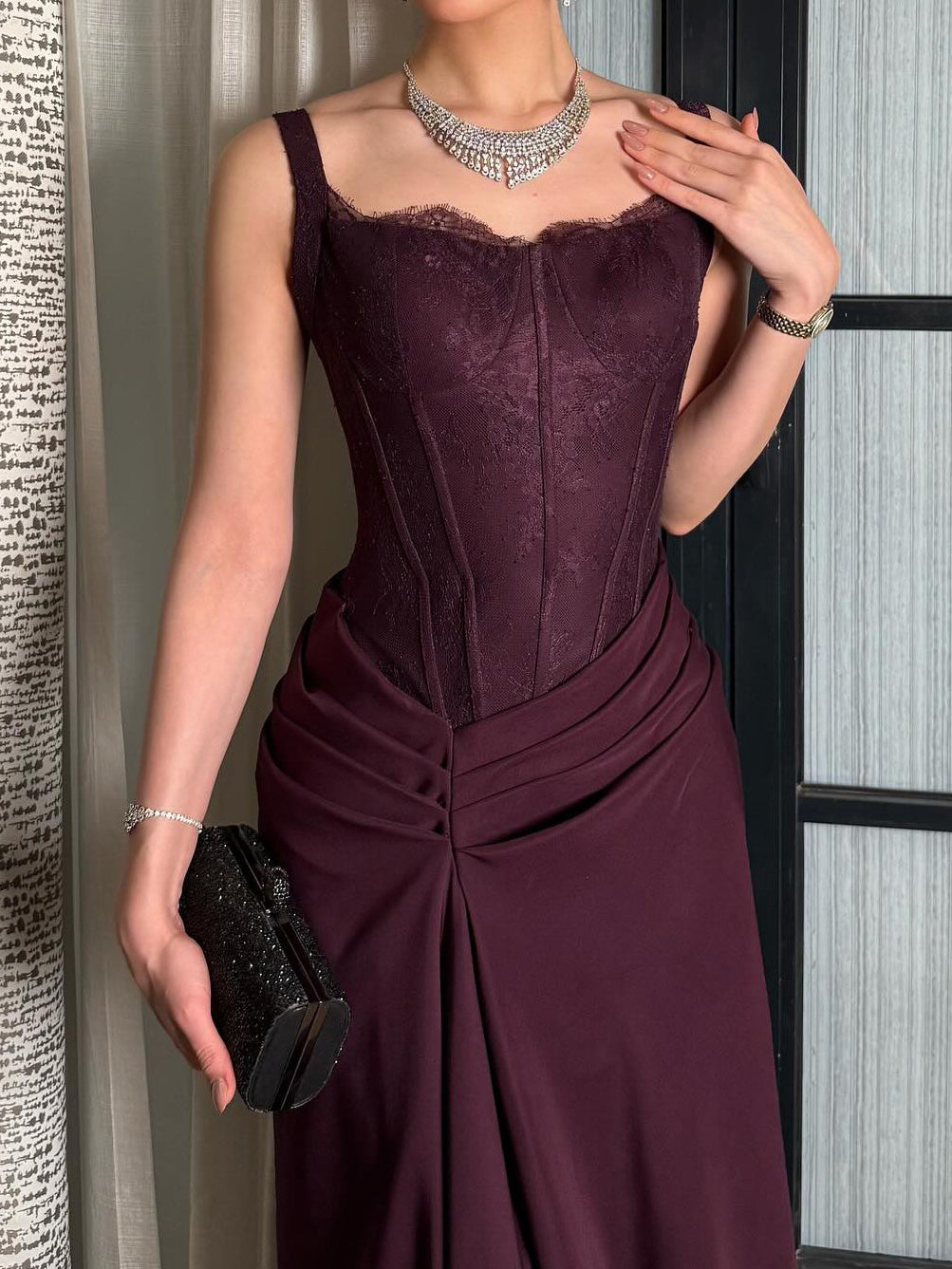 Burgundy Lace-Top Evening Gown With Side Slit