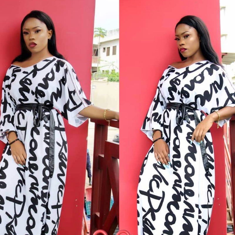 White Letters Floral Print Mid-length Sleeves V-neck Dress