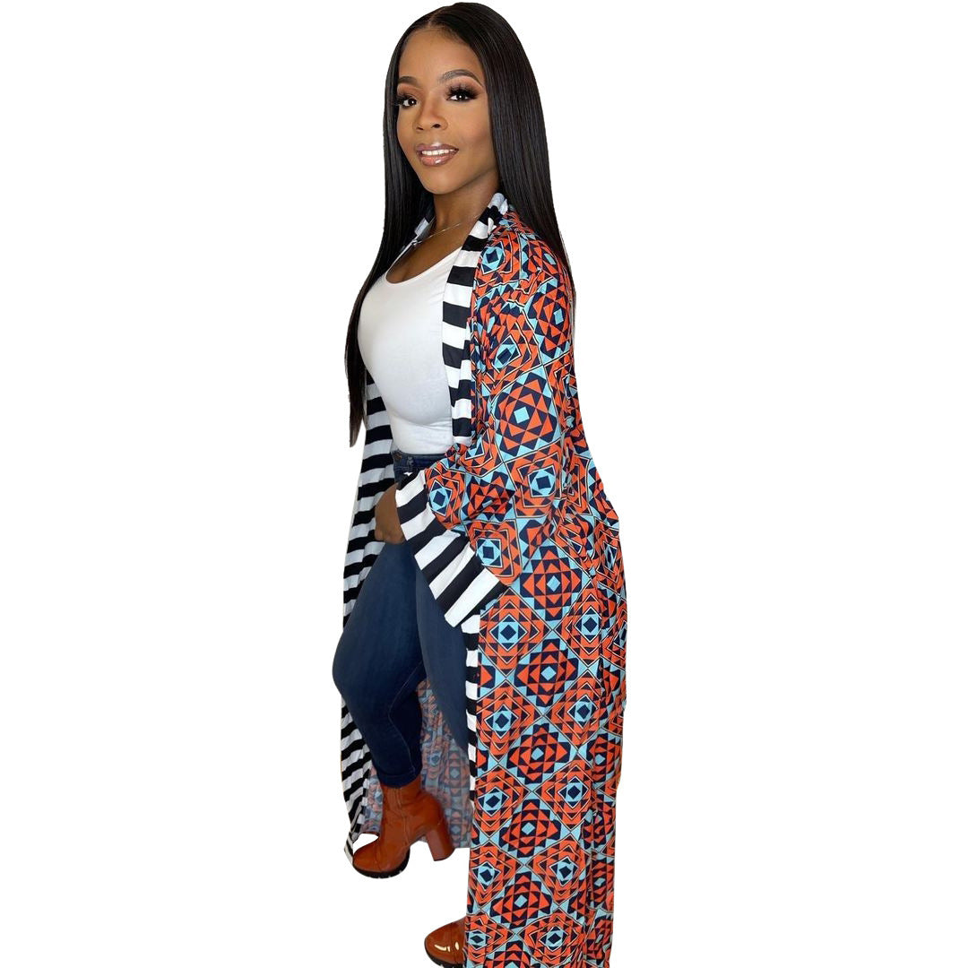 Women's Casual Fashion Striped Pattern Printed Long Sleeve Coat Dress