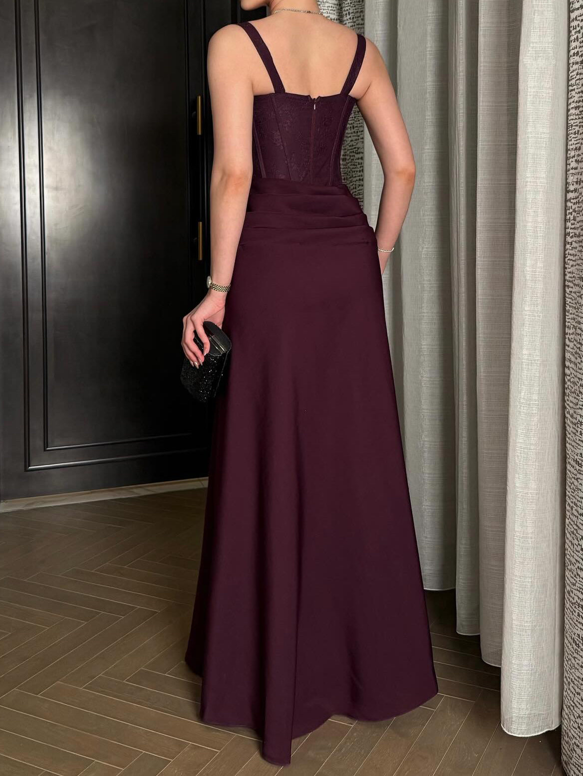 Burgundy Lace-Top Evening Gown With Side Slit