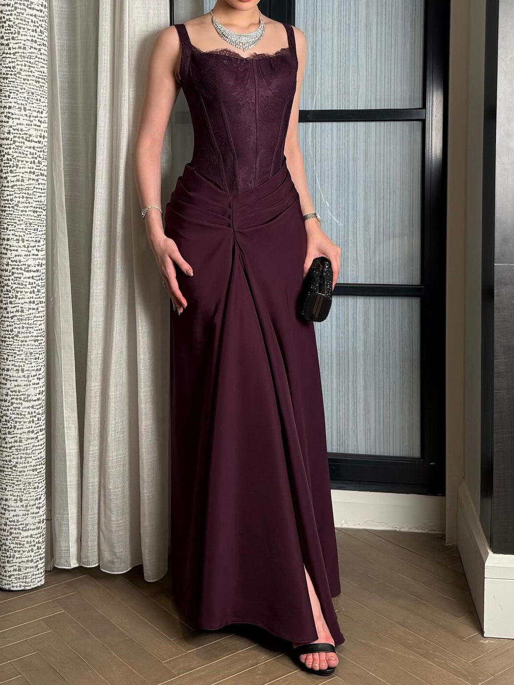 Burgundy Lace-Top Evening Gown With Side Slit