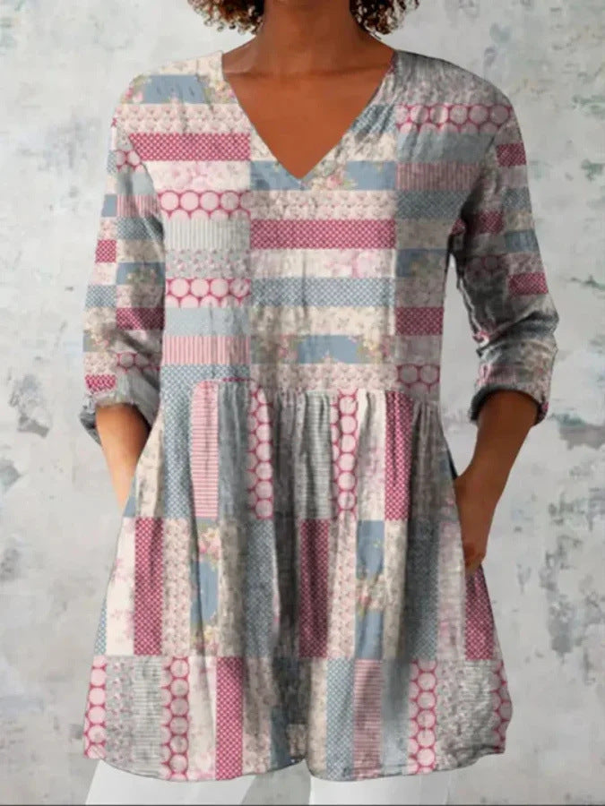 Printed Casual V-neck Women's Top