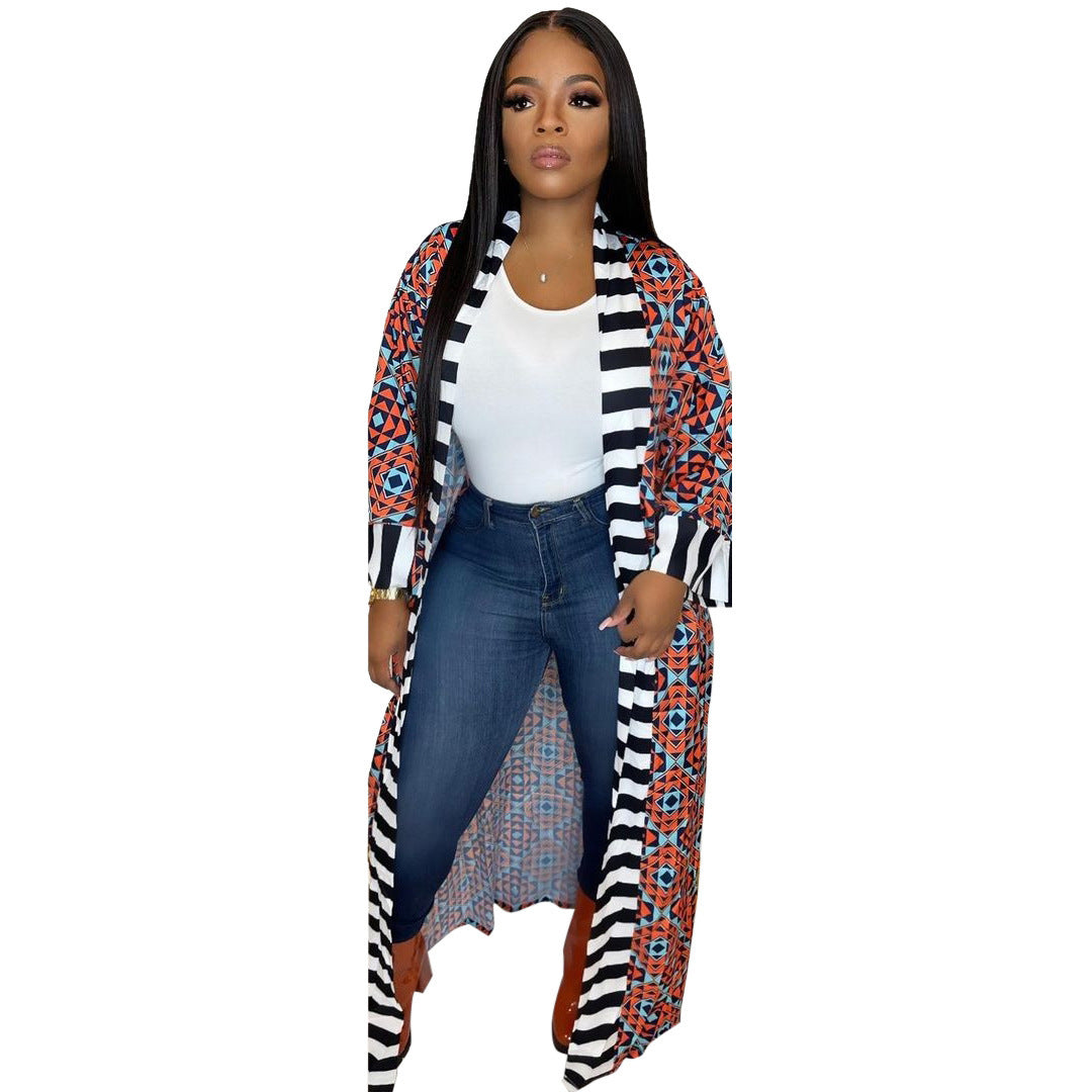 Women's Casual Fashion Striped Pattern Printed Long Sleeve Coat Dress