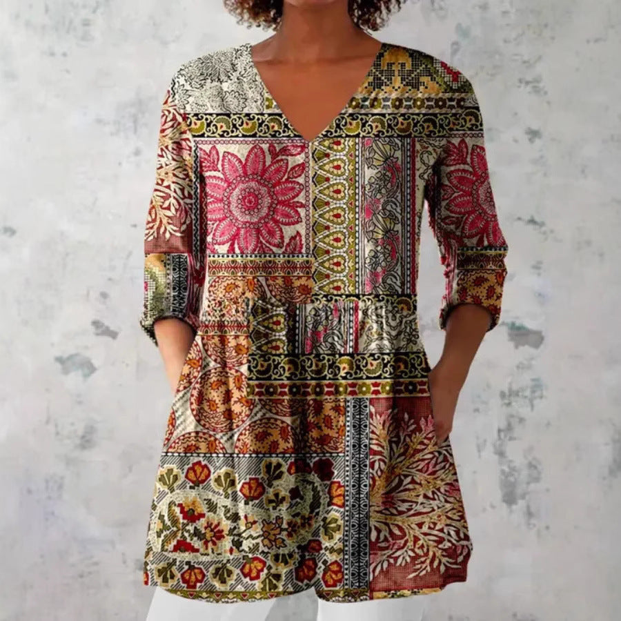 Printed Casual V-neck Women's Top