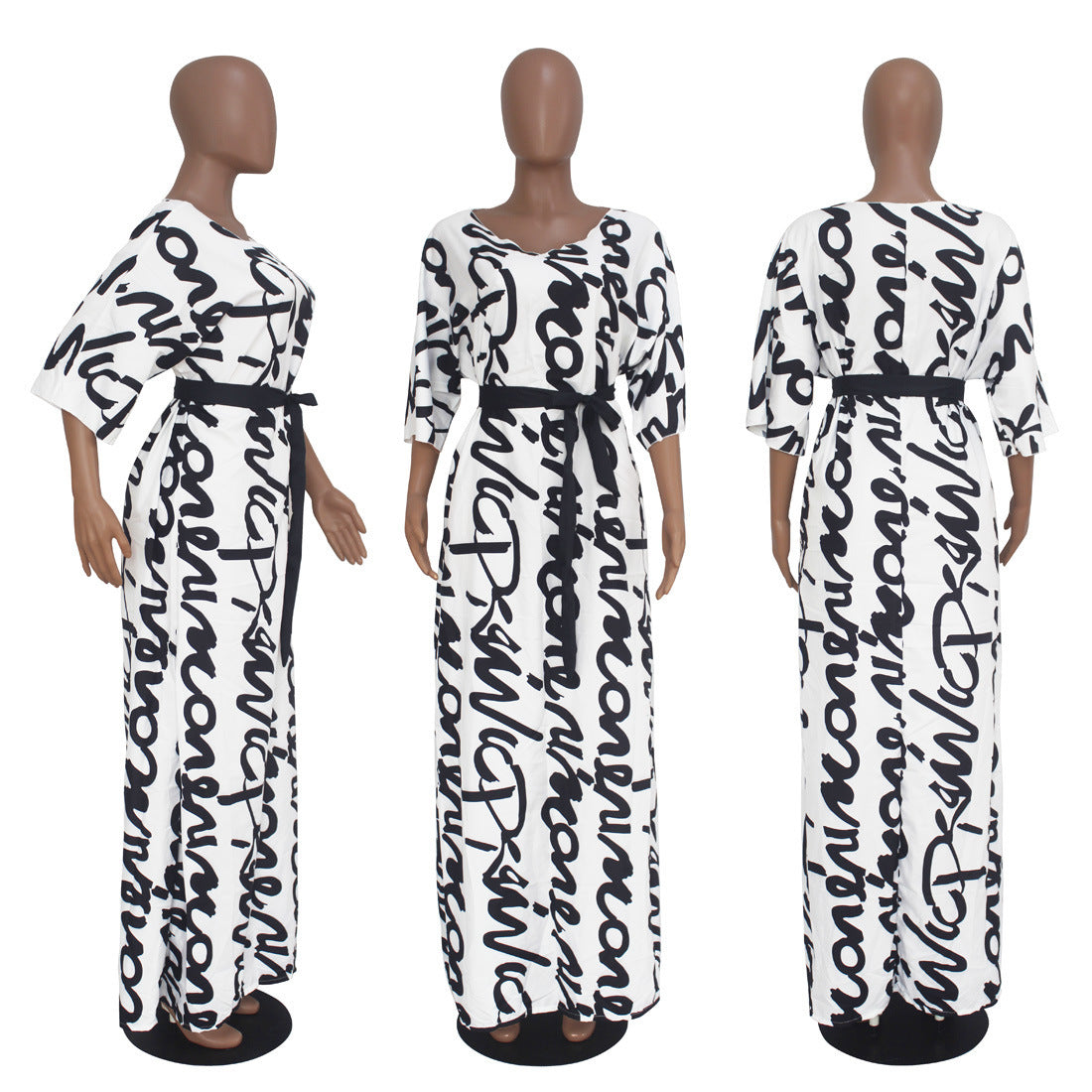 White Letters Floral Print Mid-length Sleeves V-neck Dress