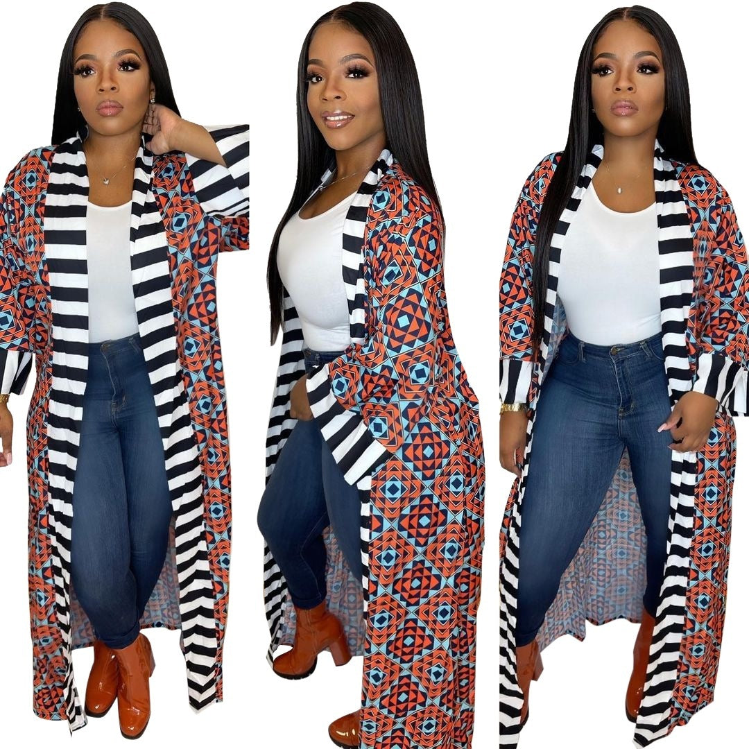 Women's Casual Fashion Striped Pattern Printed Long Sleeve Coat Dress